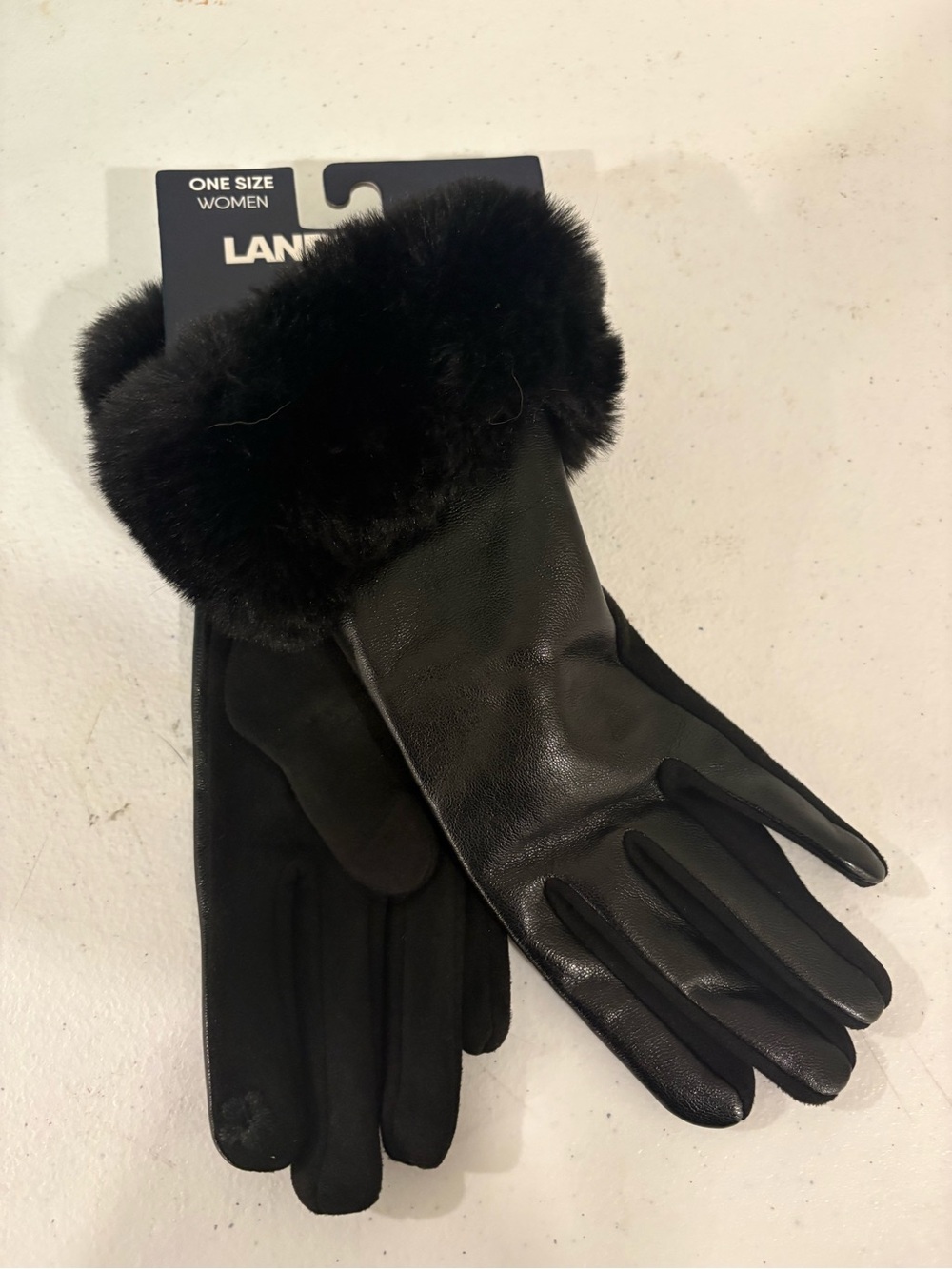 Lands End Black Faux Fur Cuff Leather-Trim Women’s Gloves